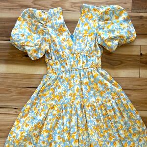Blue and Orange Floral Puff Sleeve Pauline Midi Dress (Tuckernuck)